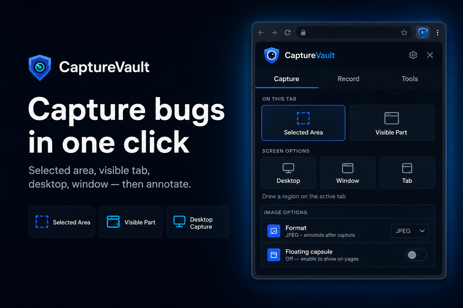 CaptureVault capture popup with selected area and screen options