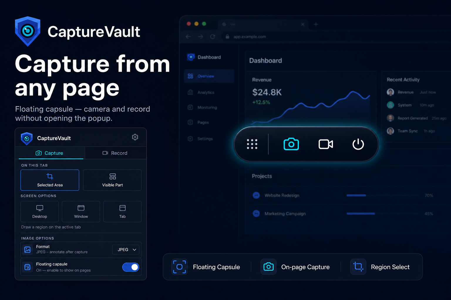 CaptureVault floating capsule on-page capture controls