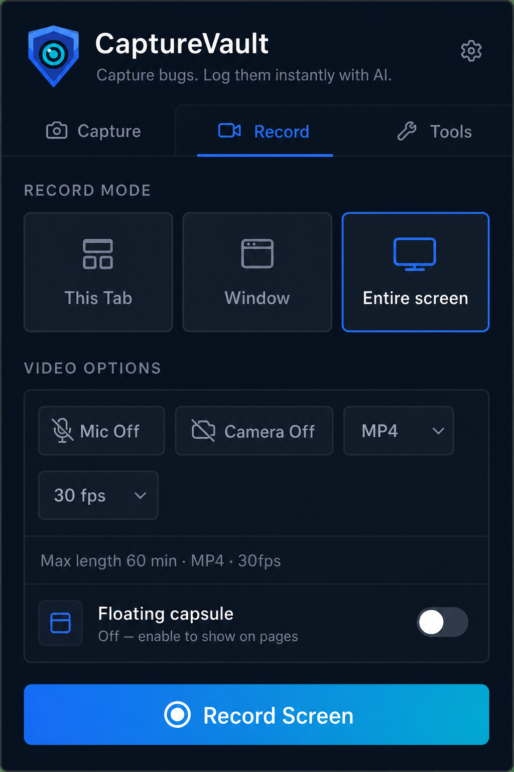 CaptureVault record tab with screen, mic, and webcam options